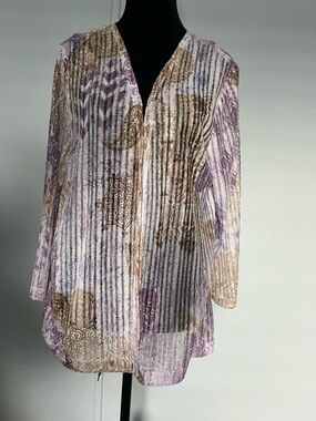 Alfred Dunner Sheer Women’s cardigan Purple and Tan Patterned Tunic SZ Med
